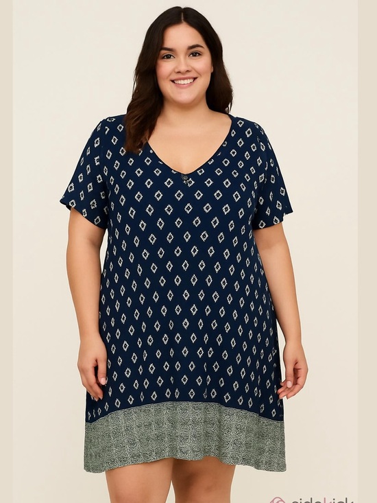 Dresses & Skirts - 100% Rayon Navy Diamond Print Boho Dress with Contrast Hem